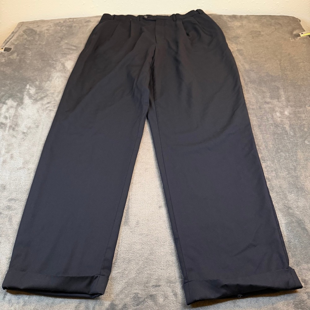 Chaps Pleated Dress Pants Mens 34x32" Dark Navy Cuffed Wool Blend Slacks